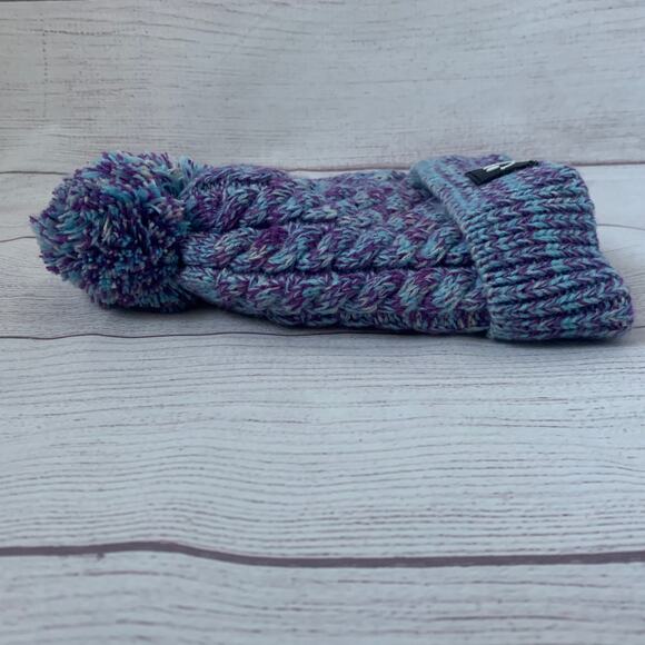 Kids Blue and Purple Stocking Hat with Pom Folded Cuff Fleece Interior Small - Picture 3 of 12